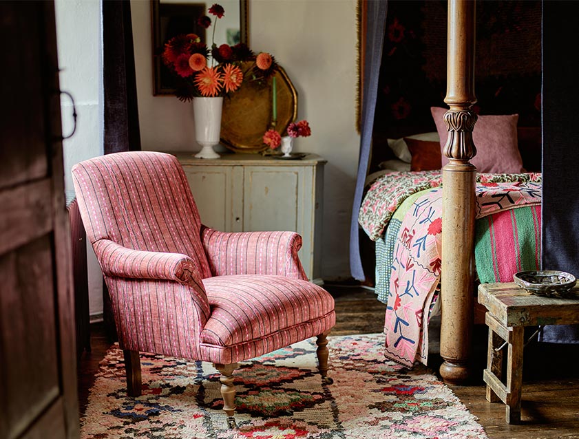 Snape Chair in V&A Threads of India Opulent Velvets Andhra Weave Flame